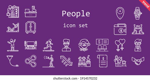 people icon set. line icon style. people related icons such as gym station, smartwatch, handshake, couple, father and son, escalator, wallet, funnel, scientist, contract, priest, advertising