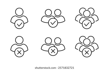 People icon set line style with checkmark and x mark. Perfect for group, team, organization, community, population, audience, member. Editable stroke