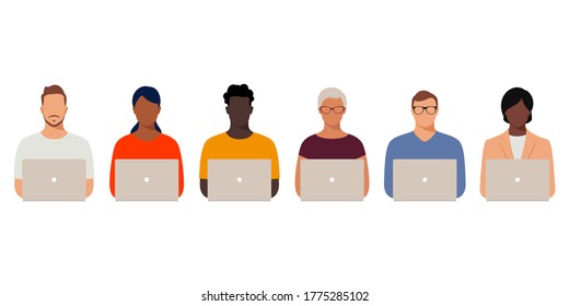 People icon set. Man and woman with laptop. Concept for business, office work,  network, online education, training, workshops. News and communication. Vector illustration.