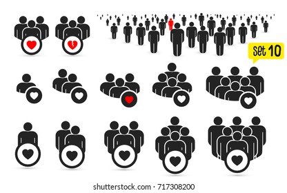 People Icon set. Management business team leader sign. Love symbol. Social media, teamwork concept. Health care management. Heart group icon. Vector. Isolated on white background.