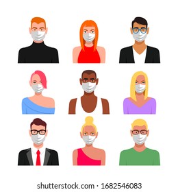 People icon set with protective masks. Vector illustration