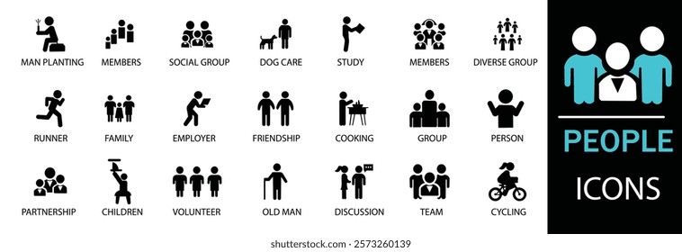 People icon set. Showcasing intricately designed representations of group, family, human, team, community, friends, population and senior icons. Solid icon collection.