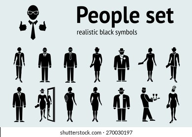 People icon set. Standing, going  ladies and men.  Black silhouettes on white. Office worker, clerk symbol. Vector isolated