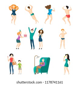 People icon set. Swimming, celebrating birthday, walking, reading, eating ice cream. Lifestyle concept. Vector illustration can be used for topics like activity, leisure, wellbeing