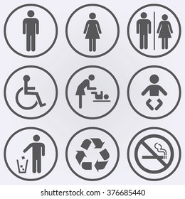 People Icon Set . Toilet Icons . No Smoke Sign . Recycle Sign . Invalid Icon . Vector Illustration