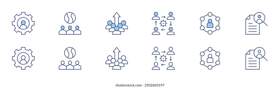 People icon set in two styles, Duotone and Thin Line style. Editable stroke. gear, citizenship, interpersonal, user, improvement, job search.