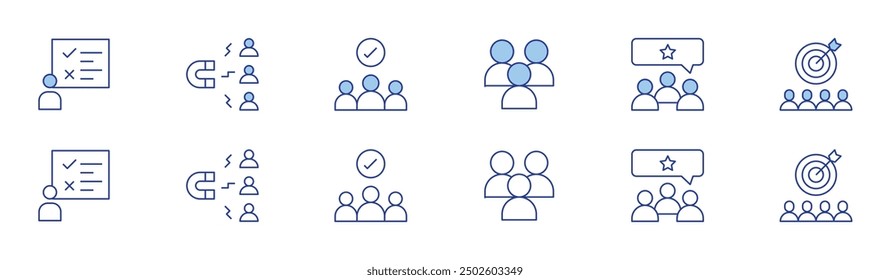Conjunto de iconos de Personas en dos estilos, estilo Duotone y línea fina. Encuesta, aprendizaje, calificación, compromiso, Asistencia, objetivo.