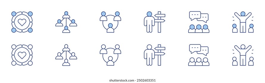People icon set in two styles, Duotone and Thin Line style. Editable stroke. solidarity, user, career path, discussion, teamwork, famous.