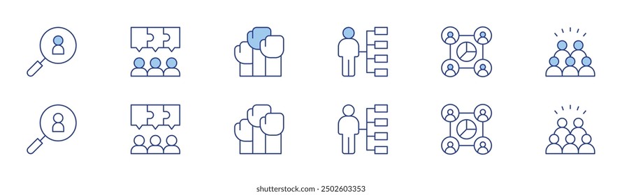 Conjunto de iconos de Personas en dos estilos, estilo Duotone y línea fina. Reclutamiento, habilidades, rompecabezas, protesta, trabajo en equipo, personas.