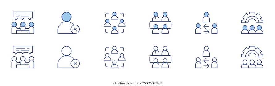 People icon set in two styles, Duotone and Thin Line style. Editable stroke. meeting, negotiation, employee, mediator, gear, collaboration.