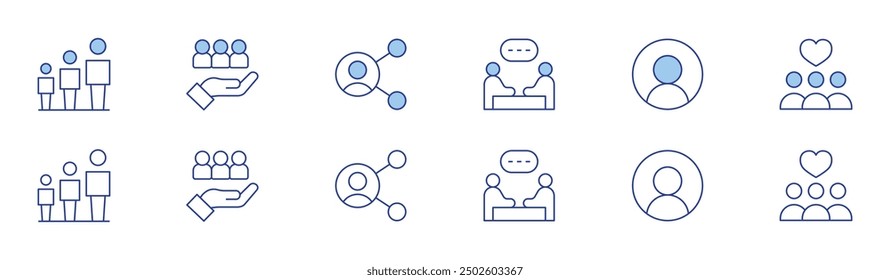 People icon set in two styles, Duotone and Thin Line style. Editable stroke. meeting, age range, target, share, user, heart.