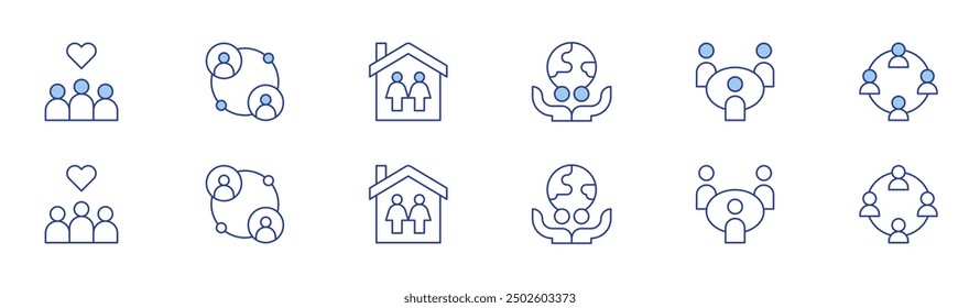 People icon set in two styles, Duotone and Thin Line style. Editable stroke. happy client, humanitarian, business meeting, link, house, connection.