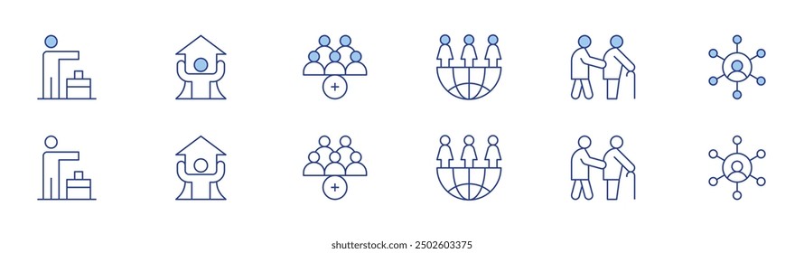 People icon set in two styles, Duotone and Thin Line style. Editable stroke. global, old man, people, growth, skills, add group.
