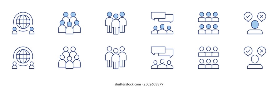 People icon set in two styles, Duotone and Thin Line style. Editable stroke. discussion, global, group, human resources, teamwork, decide.