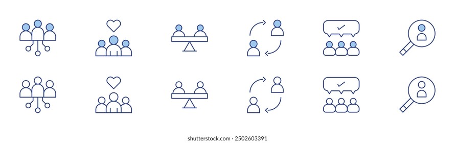 People icon set in two styles, Duotone and Thin Line style. Editable stroke. change, society, all agree, community, equality, search.