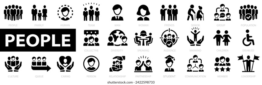 People icon set. User icon. Group, family, human, team, community, friends, population, senior, queue, diversity, audience and more. Vector illustration