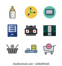 people icon set. vector set about car, shopping cart, ereader and feeding bottle icons set.