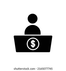 Vector de iconos de personas con laptop y dólar. Símbolo de negocio. Estilo de icono sólido, glifo. Ilustración de diseño simple editable