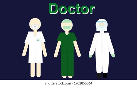 People Icon Are Wearing Gown, Surgical Gown And PPE Suite. They Are Wearing Mask (n95 And Surgical Mask). Doctor Uniform. Illustration Vector.