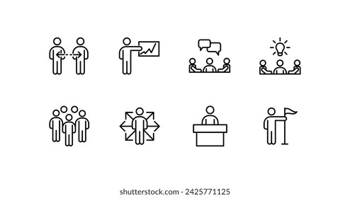 Iconos de personas con iconos de acción. Esquema, grupo de personas con un horario, burbujas de voz, nueva idea, grupo de personas, botón de expansión. Iconos vectoriales