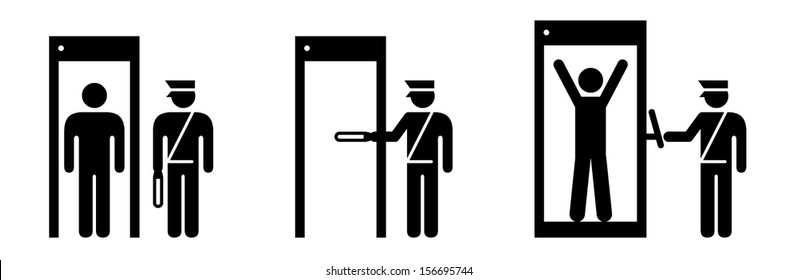 People Icons: Airport/transport Security. Metal Detector Arch, Metal Detector Wand And Full Body Scanner.