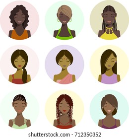 People icons- avatars, flat style, set 2. Female faces. Diverse type of people with different nationalities, ages, clothing and hair styles.