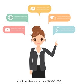 People icons with chat speech bubble infographic concept. Business woman think.