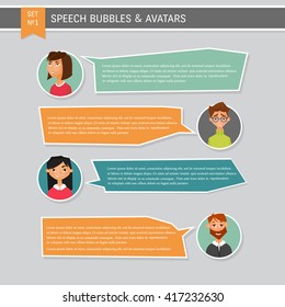 People icons with chat speech bubbles. Vector  design of different characters including man and women. Flat character design icon set. People avatar