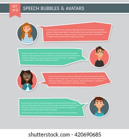 People icons with chat speech bubbles. Vector  design of different characters including man and women. Flat character design icon set. People avatar