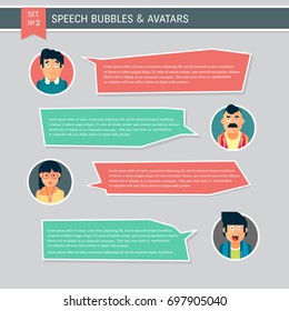 People icons with chat speech bubbles. Vector design of different characters including man and women. Flat character design icon set. People avatar