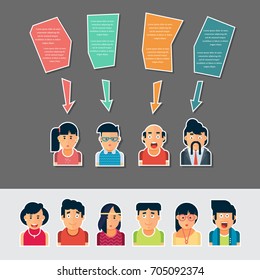 People icons with chat speech bubbles. Vector design of different characters including man and women. Flat character design icon set. People avatar