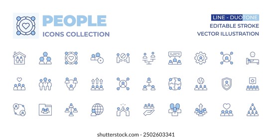 colección de iconos de Personas. Línea estilo Duotone, trazo editable. cliente feliz, derechos humanos, rendimiento, mundo, usuario, alto cinco, líder de equipo, Enlace, trabajo en equipo, personas, datos, conexiones.