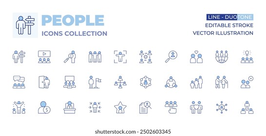 People icons collection. Line Duotone style, editable stroke. boss, me, dismiss, user, flag, discussion, star, diversity, people, employee, meeting, famous, candidates, job search.