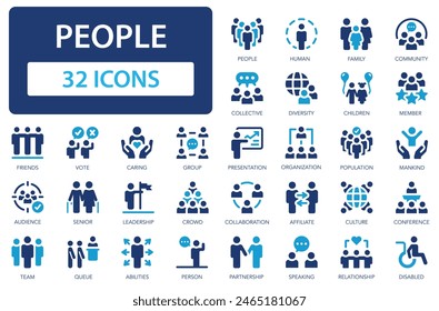 People icons collection. Relationships and communication between people. Human, team, group, community, senior , friends, population. Simple flat vector icon.