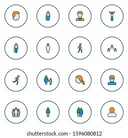 People icons colored line set with walking man, businessman, profile and other scientist elements. Isolated vector illustration people icons.