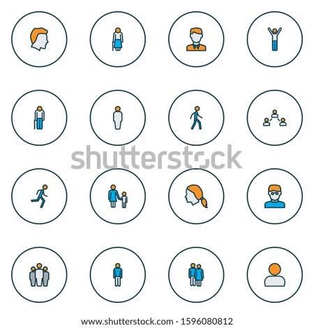 People icons colored line set with walking man, businessman, profile and other scientist elements. Isolated vector illustration people icons.
