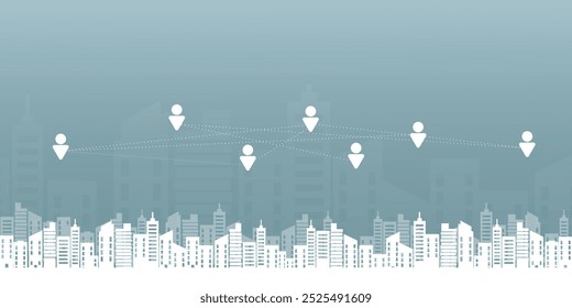 Personas iconos conectados por líneas Hay una ciudad en el fondo.