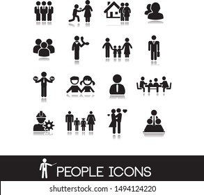 People icons contains man, woman, child, family, grandmother and other silhouettes of people.