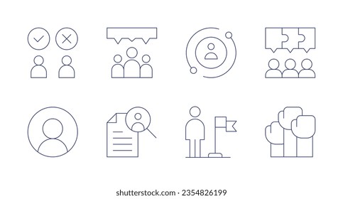 Iconos de la gente. Trazo editable. Con confrontación, chat grupal, usuario, rompecabezas, búsqueda de trabajo, bandera, protesta.