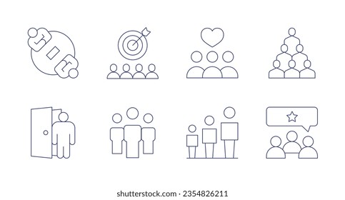 People icons. Editable stroke. Containing meeting, target, heart, people, dismiss, teamwork, age range, rating.