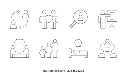 People icons. Editable stroke. Containing change, solidarity, search, presentation, meeting, age group, person, third party.