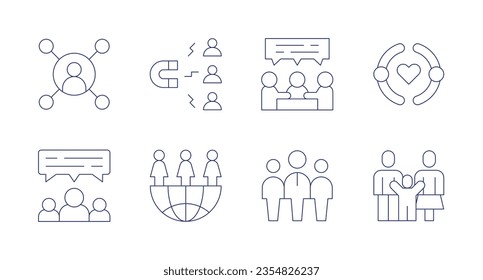 People icons. Editable stroke. Containing connections, engagement, negotiation, friendship, chat, global, team leader, family.