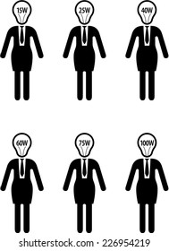 People icons. Female business executive with light bulb heads of different wattage / IQ / intelligence levels.
