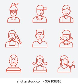 People icons, flat design, thin line style