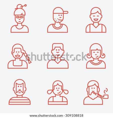 People icons, flat design, thin line style