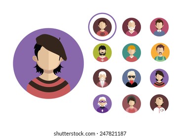 people icons in flat style with faces. Vector women, men character 