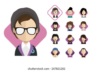 people icons in flat style with faces. Vector women, men character 