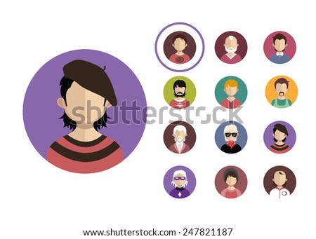 people icons in flat style with faces. Vector women, men character 