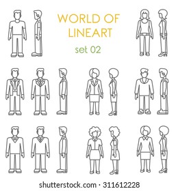 People icons graphical linear style icon set. Male female profession businessman casual service worker. Line art collection.