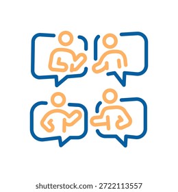 People icons inside overlapping speech bubbles representing online chat, social networking, community discussion and digital interaction. Thin line icon editable stroke